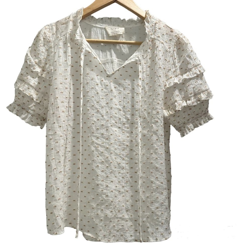 3/$20 Lightweight white textured Blouse DOTS / RUFFLE/LAYERED SHORT SLEEVES
